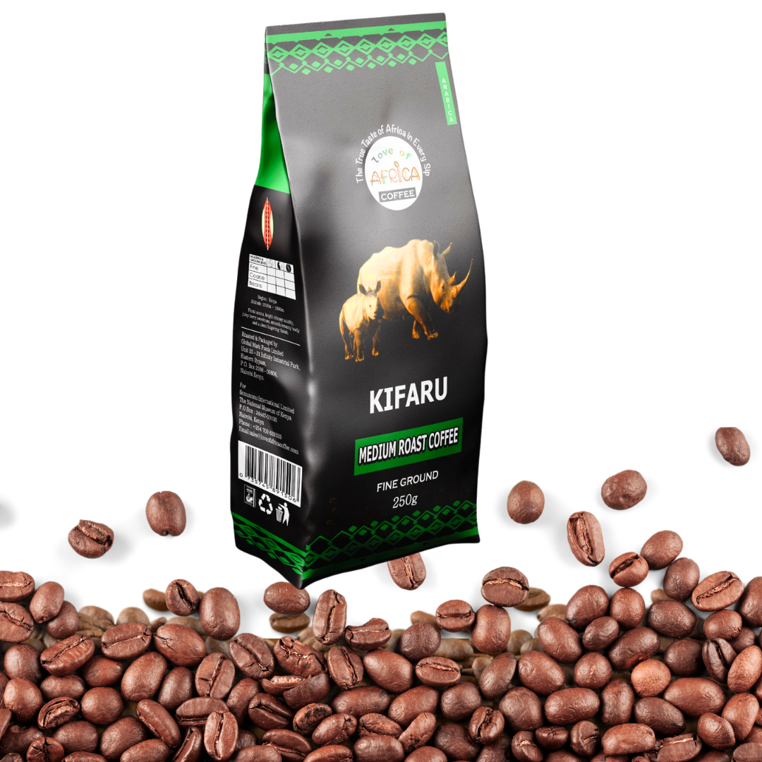 Kifaru 250g Fine Ground Kenya Arabica Coffee pack – premium blend of two Kenyan beans, finely ground for espresso with rich aroma and smooth flavor.