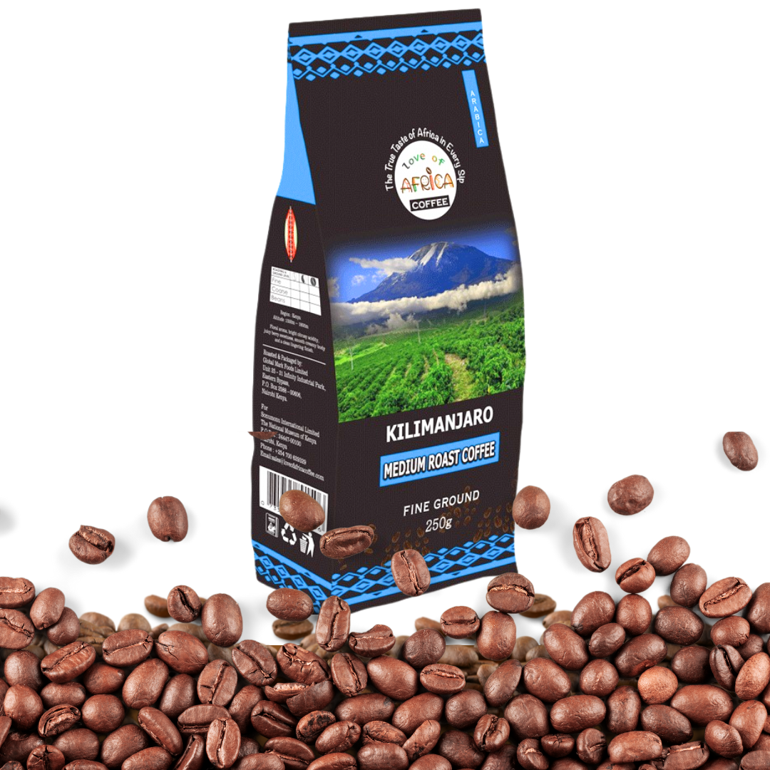 Kilimanjaro Fine Ground 250g Medium Roast coffee pack – premium Arabica peaberry from Mount Kilimanjaro, finely ground and medium roasted.