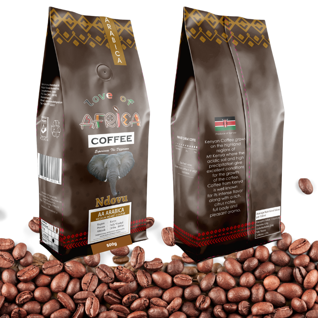 Ndovu AA Arabica 500g Medium Roast Coffee Beans – Premium Kenyan Arabica, smooth, full-bodied, and aromatic.