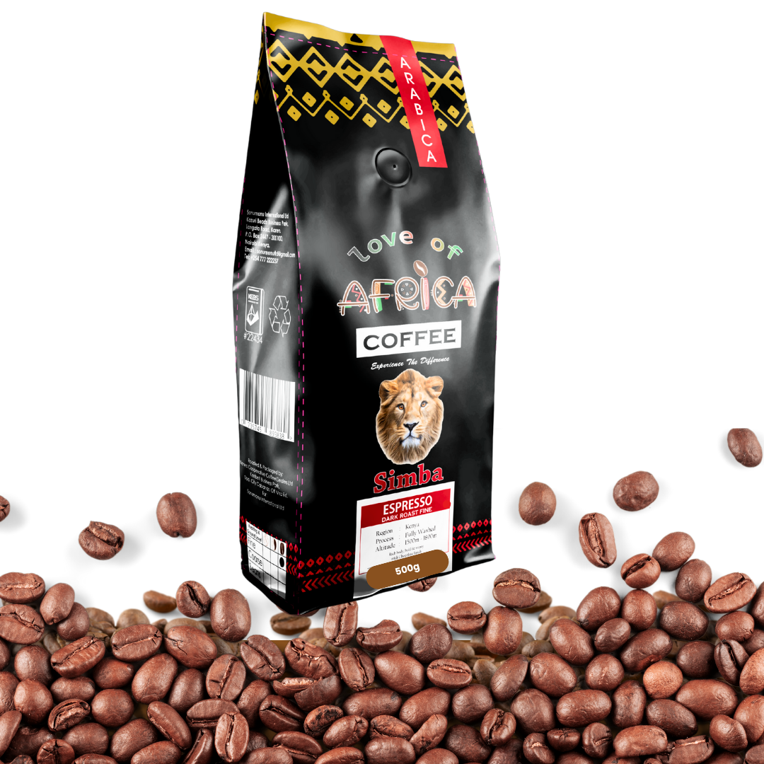 Simba Dark Roast 500g Coffee Beans – Premium Kenya Arabica single blend, full-bodied, rich, and aromatic.