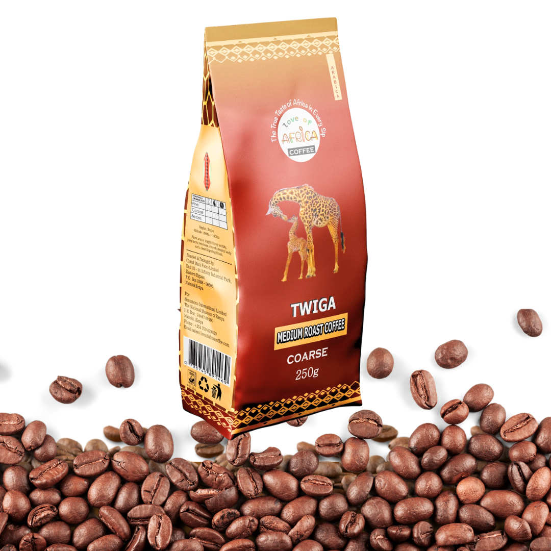 Twiga 250g Coarse Ground Kenya Arabica Coffee – premium blend of two Kenyan beans, coarsely ground for French press and cold brew with bright, smooth flavor.