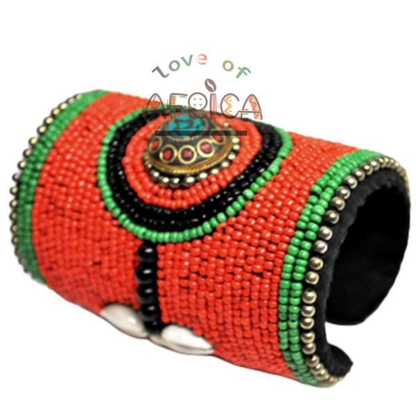 Wide Tribal Cuff Bangle with Maasai Beads & Turquoise